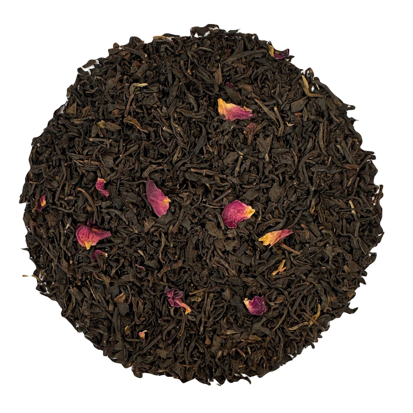 Black tea, rose flower, top view